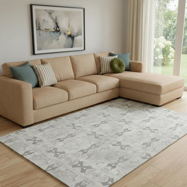 HomeRoots 8' X 10' Elegant Ivory & Gray Floral Medallion Area Rug - Washable, UV Protected, Kid & Pet Friendly! 649496