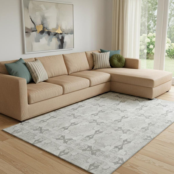 HomeRoots 9' X 12' Ivory and Gray Floral Medallion Washable Area Rug - Stylish, Durable, UV-Resistant Design! 649497