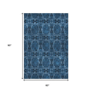 HomeRoots 5' X 8' Navy Floral Medallion Area Rug – Washable, UV Protected, Durable, Perfect for Homes with Kids! 649500