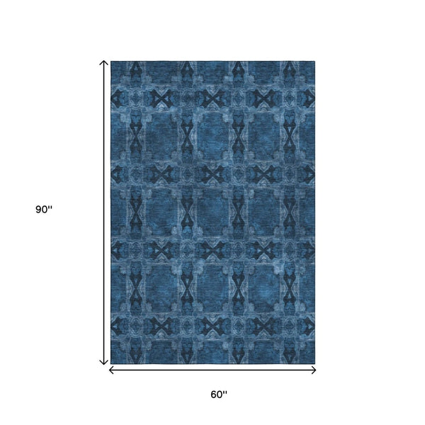 HomeRoots 5' X 8' Navy Floral Medallion Area Rug – Washable, UV Protected, Durable, Perfect for Homes with Kids! 649500