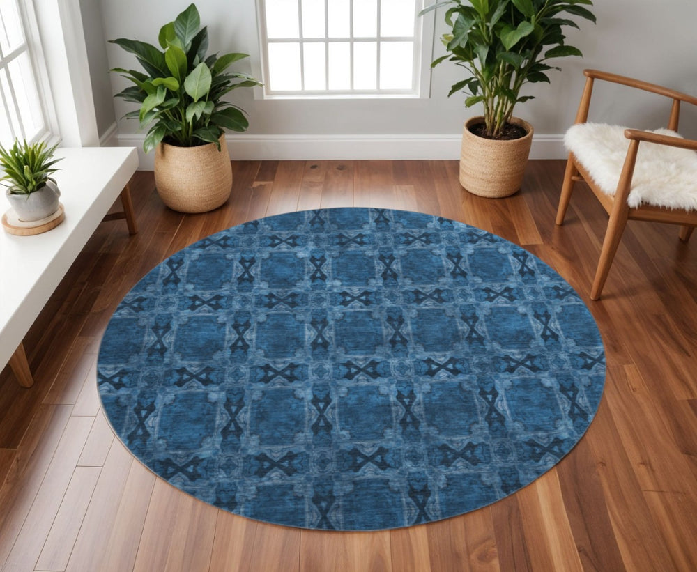 HomeRoots 8' Navy Blue & Gray Floral Medallion Round Rug - Washable, UV Protected, Stain Resistant & Durable 649501