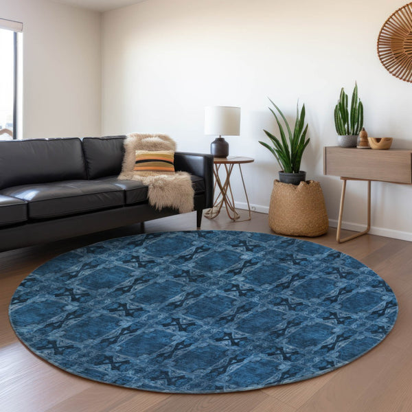 HomeRoots 8' Navy Blue & Gray Floral Medallion Round Rug - Washable, UV Protected, Stain Resistant & Durable 649501