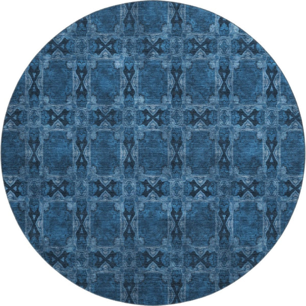 HomeRoots 8' Navy Blue & Gray Floral Medallion Round Rug - Washable, UV Protected, Stain Resistant & Durable 649501