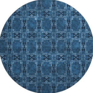 HomeRoots 8' Navy Blue & Gray Floral Medallion Round Rug - Washable, UV Protected, Stain Resistant & Durable 649501