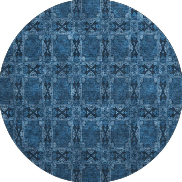 HomeRoots 8' Navy Blue & Gray Floral Medallion Round Rug - Washable, UV Protected, Stain Resistant & Durable 649501