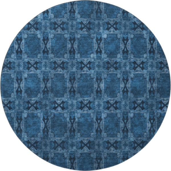 HomeRoots 8' Navy Blue & Gray Floral Medallion Round Rug - Washable, UV Protected, Stain Resistant & Durable 649501