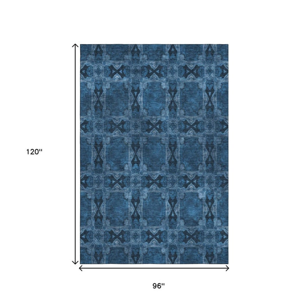 HomeRoots 8' X 10' Navy Blue Floral Medallion Area Rug - Washable, Stain-Resistant, UV Protected for Active Homes 649502