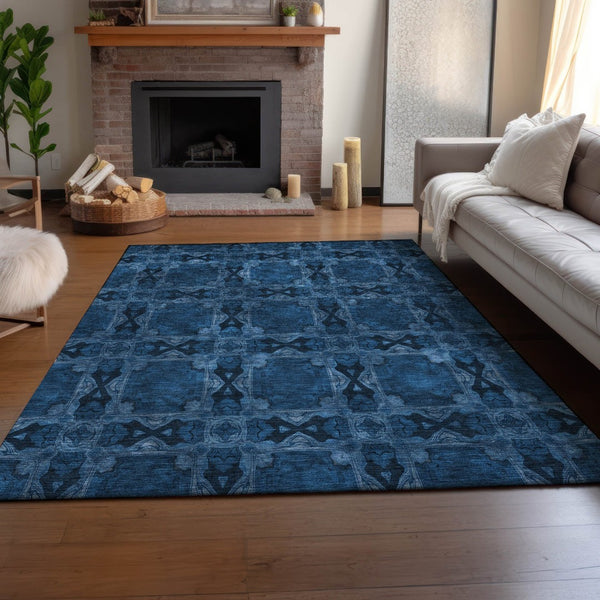 HomeRoots 8' X 10' Navy Blue Floral Medallion Area Rug - Washable, Stain-Resistant, UV Protected for Active Homes 649502