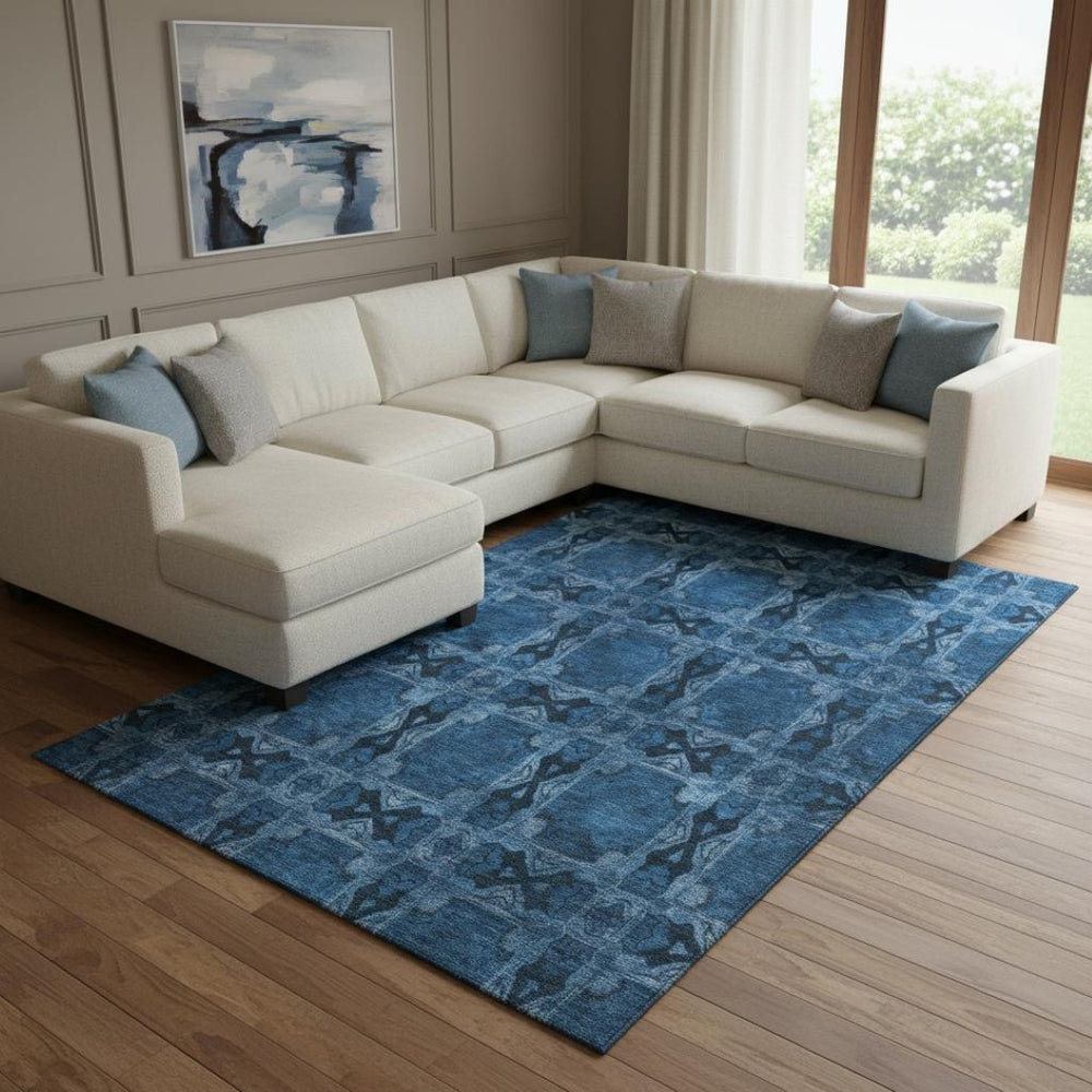 HomeRoots 8' X 10' Navy Blue Floral Medallion Area Rug - Washable, Stain-Resistant, UV Protected for Active Homes 649502