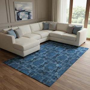 HomeRoots 8' X 10' Navy Blue Floral Medallion Area Rug - Washable, Stain-Resistant, UV Protected for Active Homes 649502