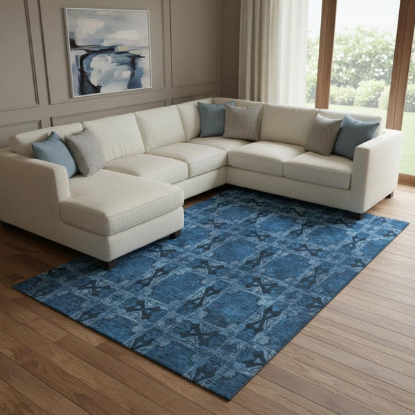 HomeRoots 8' X 10' Navy Blue Floral Medallion Area Rug - Washable, Stain-Resistant, UV Protected for Active Homes 649502