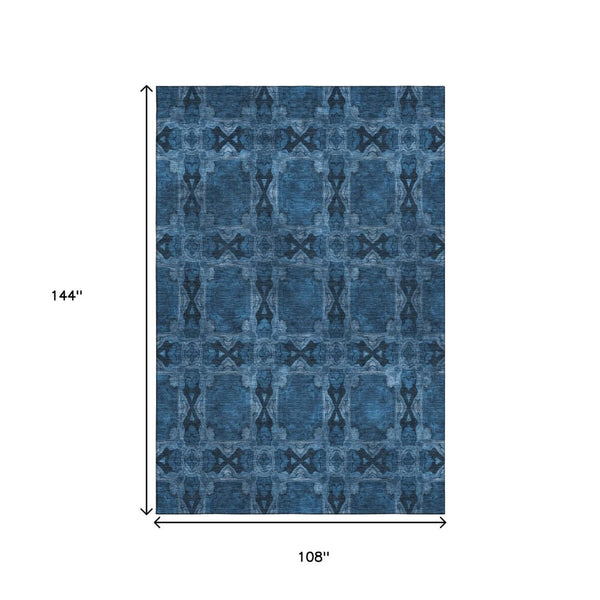 HomeRoots 9' X 12' Navy Blue & Gray Floral Medallion Washable Area Rug with UV Protection for Every Home 649503