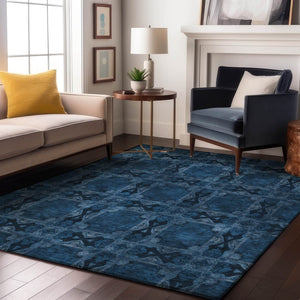 HomeRoots 9' X 12' Navy Blue & Gray Floral Medallion Washable Area Rug with UV Protection for Every Home 649503
