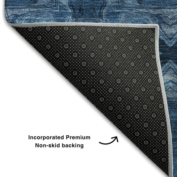 HomeRoots 9' X 12' Navy Blue & Gray Floral Medallion Washable Area Rug with UV Protection for Every Home 649503