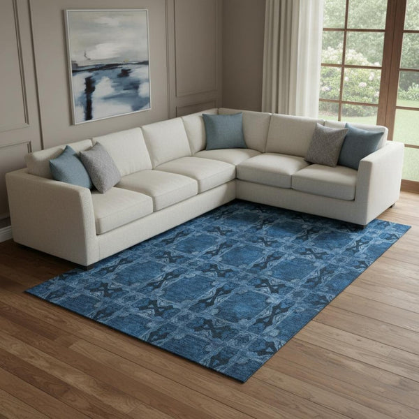 HomeRoots 9' X 12' Navy Blue & Gray Floral Medallion Washable Area Rug with UV Protection for Every Home 649503
