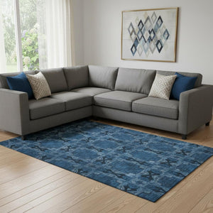 HomeRoots 10' Navy Blue & Gray Floral Medallion Area Rug - Washable, UV Protected, Stain-Resistant Design 649504