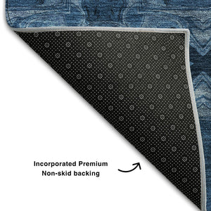 HomeRoots 10' Navy Blue & Gray Floral Medallion Area Rug - Washable, UV Protected, Stain-Resistant Design 649504