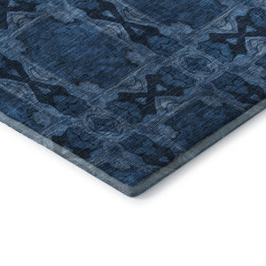 HomeRoots 10' Navy Blue & Gray Floral Medallion Area Rug - Washable, UV Protected, Stain-Resistant Design 649504