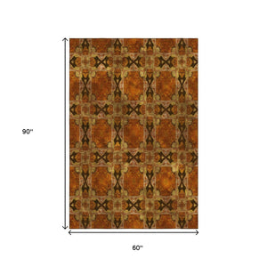 HomeRoots 5' X 8' Floral Medallion Area Rug - Rust, Copper & Gold, Washable & UV-Protected for Stylish Homes 649506