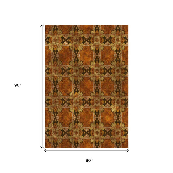 HomeRoots 5' X 8' Floral Medallion Area Rug - Rust, Copper & Gold, Washable & UV-Protected for Stylish Homes 649506