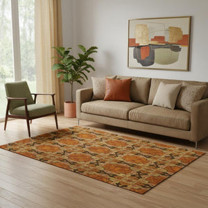 HomeRoots 5' X 8' Floral Medallion Area Rug - Rust, Copper & Gold, Washable & UV-Protected for Stylish Homes 649506