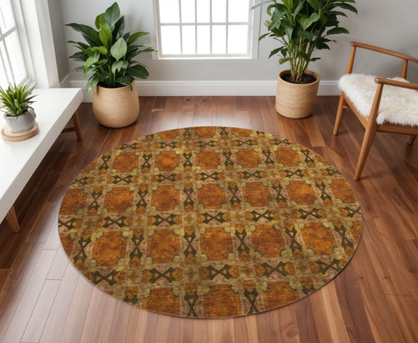 HomeRoots 8' Washable Rust Copper and Gold Floral Medallion Round Rug with UV Protection for High-Traffic Areas 649507