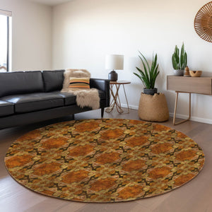 HomeRoots 8' Washable Rust Copper and Gold Floral Medallion Round Rug with UV Protection for High-Traffic Areas 649507