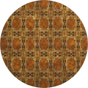 HomeRoots 8' Washable Rust Copper and Gold Floral Medallion Round Rug with UV Protection for High-Traffic Areas 649507