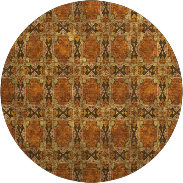 HomeRoots 8' Washable Rust Copper and Gold Floral Medallion Round Rug with UV Protection for High-Traffic Areas 649507