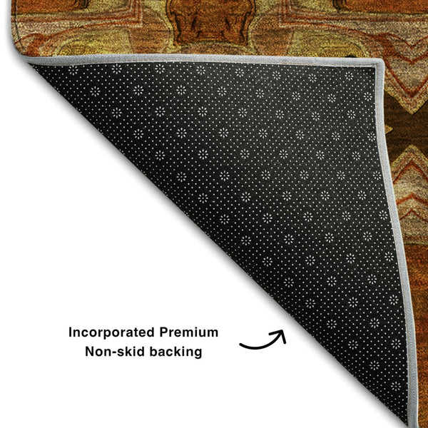 HomeRoots 8' Washable Rust Copper and Gold Floral Medallion Round Rug with UV Protection for High-Traffic Areas 649507