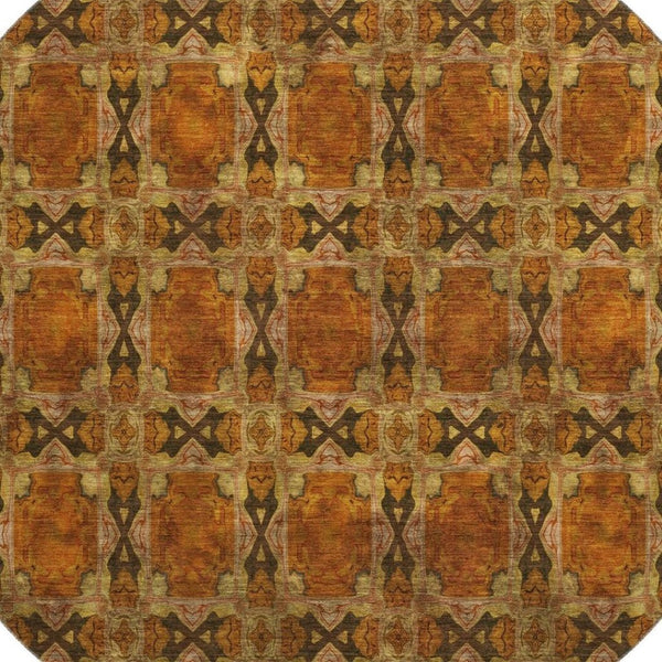 HomeRoots 8' Washable Rust Copper and Gold Floral Medallion Round Rug with UV Protection for High-Traffic Areas 649507
