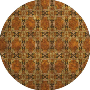 HomeRoots 8' Washable Rust Copper and Gold Floral Medallion Round Rug with UV Protection for High-Traffic Areas 649507