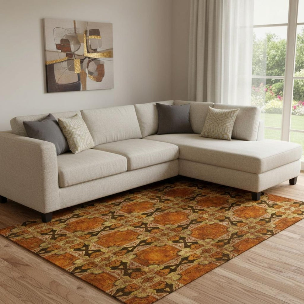 HomeRoots 8' X 10' Elegant Rust Copper & Gold Floral Medallion Area Rug – Stain-Resistant & UV Protected! 649508