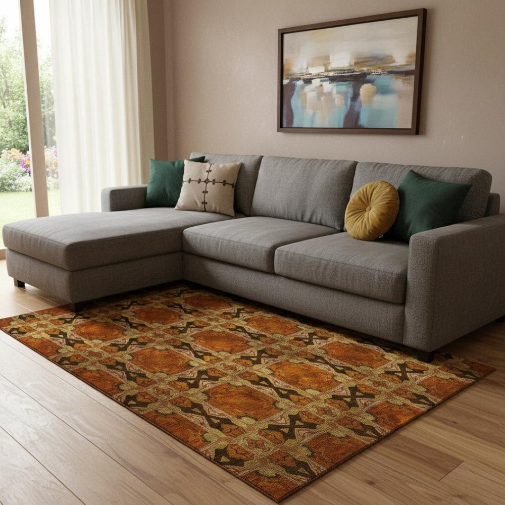 HomeRoots 9' X 12' Floral Medallion Area Rug in Rust, Copper & Gold - Washable with UV Protection & Comfort 649509