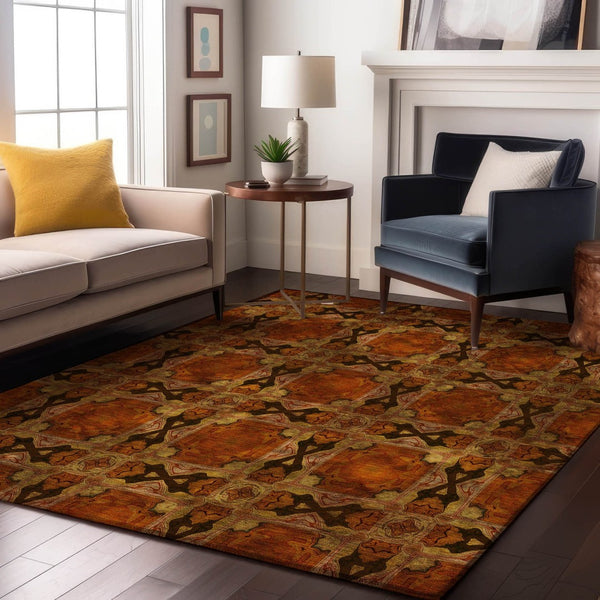 HomeRoots 9' X 12' Floral Medallion Area Rug in Rust, Copper & Gold - Washable with UV Protection & Comfort 649509