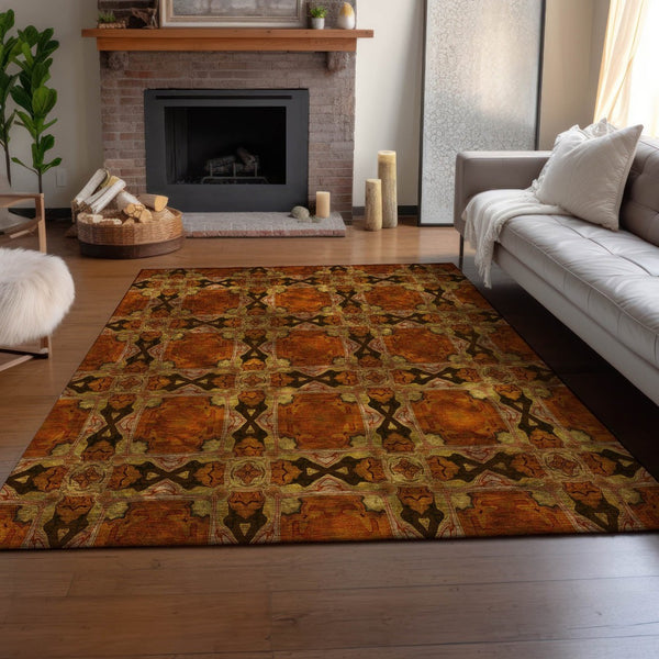 HomeRoots 9' X 12' Floral Medallion Area Rug in Rust, Copper & Gold - Washable with UV Protection & Comfort 649509