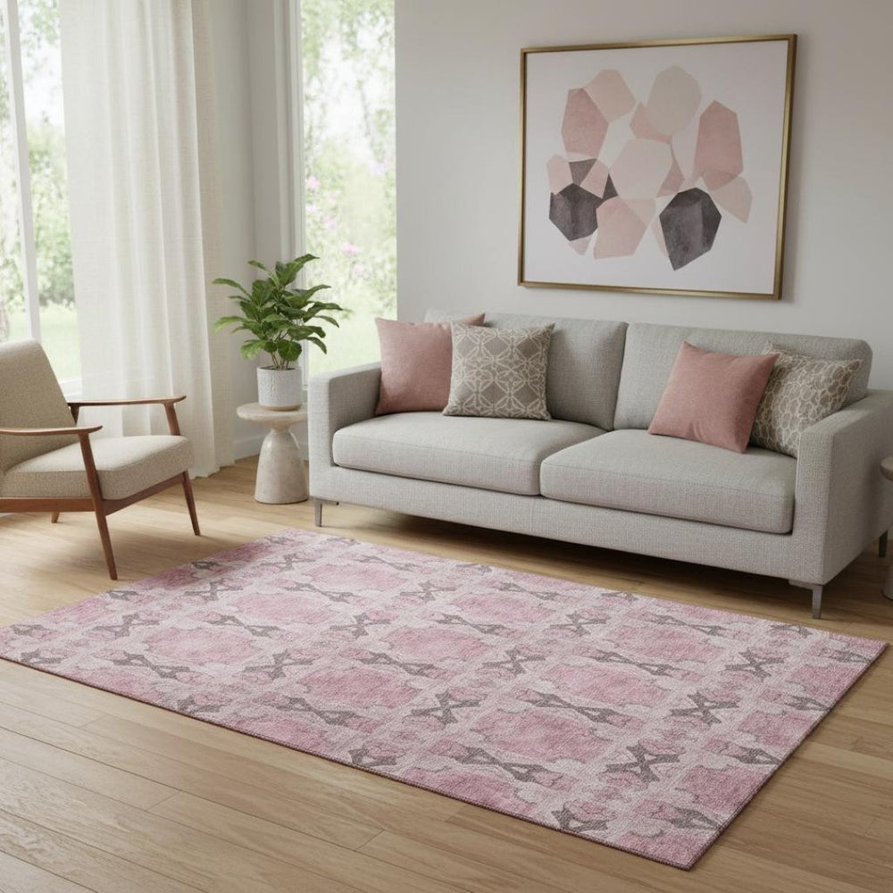 HomeRoots 5' X 8' Pink and Gray Floral Medallion Area Rug - Durable, Washable, UV Protected for High-Traffic Spaces 649512