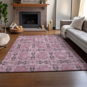 HomeRoots 5' X 8' Pink and Gray Floral Medallion Area Rug - Durable, Washable, UV Protected for High-Traffic Spaces 649512