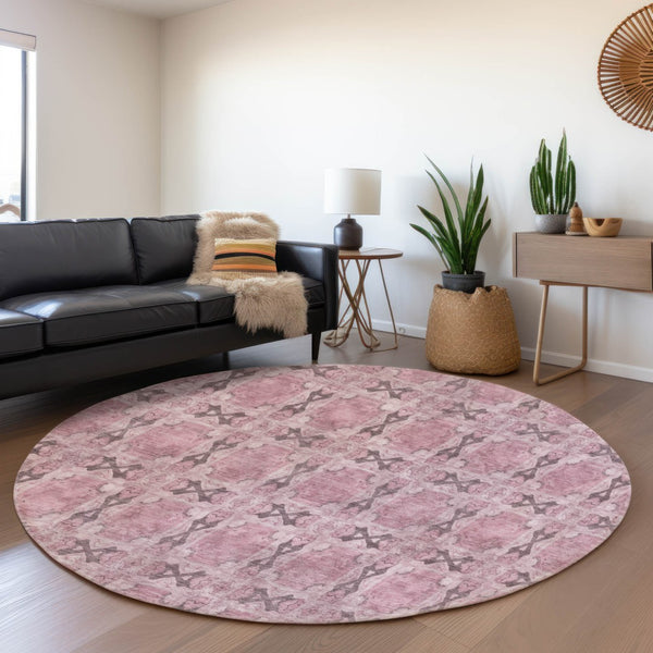 HomeRoots 8' Pink and Gray Floral Medallion Round Rug - Washable, Durable, UV Protected for Stylish Spaces 649513