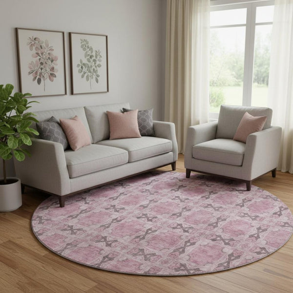 HomeRoots 8' Pink and Gray Floral Medallion Round Rug - Washable, Durable, UV Protected for Stylish Spaces 649513