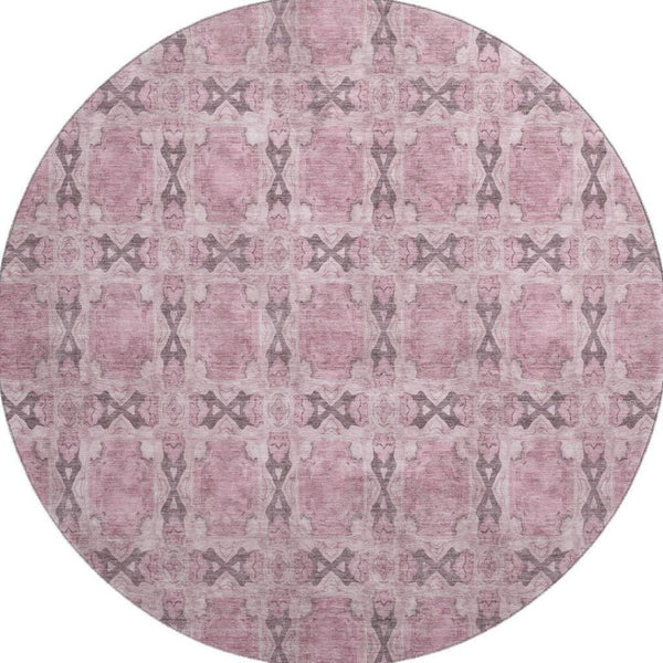 HomeRoots 8' Pink and Gray Floral Medallion Round Rug - Washable, Durable, UV Protected for Stylish Spaces 649513