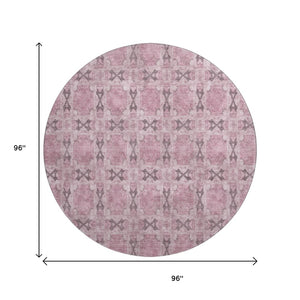 HomeRoots 8' Pink and Gray Floral Medallion Round Rug - Washable, Durable, UV Protected for Stylish Spaces 649513
