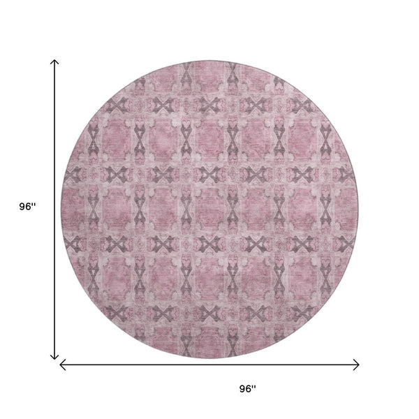 HomeRoots 8' Pink and Gray Floral Medallion Round Rug - Washable, Durable, UV Protected for Stylish Spaces 649513