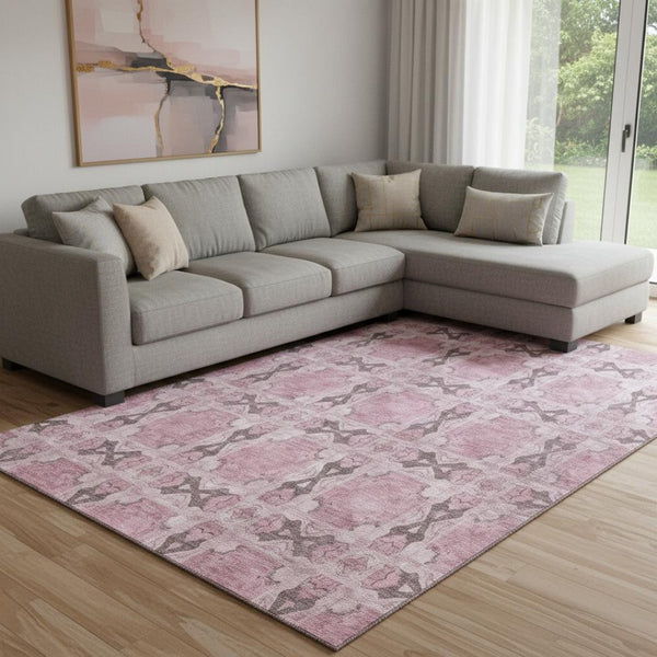 HomeRoots 8' X 10' Pink and Gray Floral Medallion Area Rug - Washable, UV-Protected, Stylish for Any Room 649514