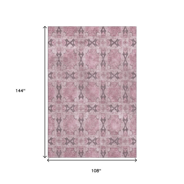 HomeRoots 9' X 12' Pink and Gray Floral Medallion Area Rug - Washable, Stain Resistant, UV Protected, Soft Style 649515