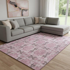 HomeRoots 9' X 12' Pink and Gray Floral Medallion Area Rug - Washable, Stain Resistant, UV Protected, Soft Style 649515