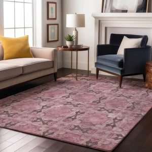 HomeRoots 9' X 12' Pink and Gray Floral Medallion Area Rug - Washable, Stain Resistant, UV Protected, Soft Style 649515