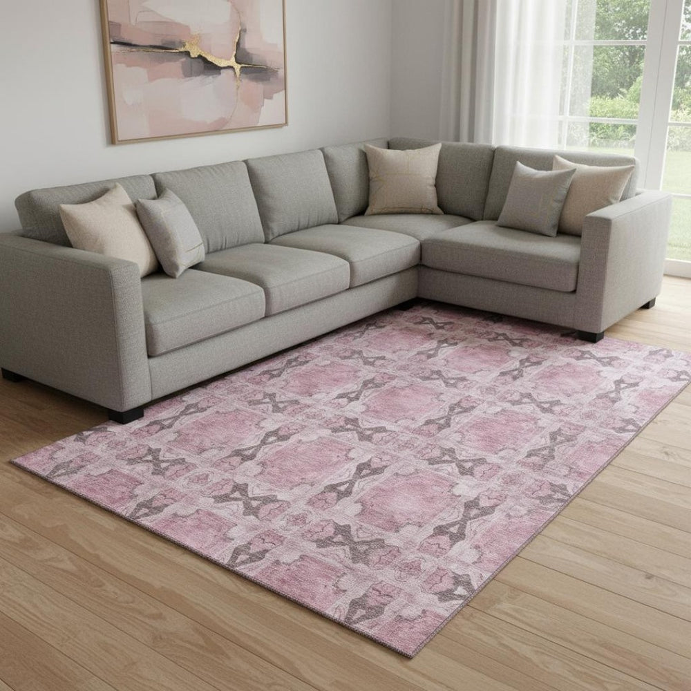 HomeRoots 10' Pink and Gray Floral Medallion Area Rug - Washable, UV-Protected, Durable for Any Space 649516