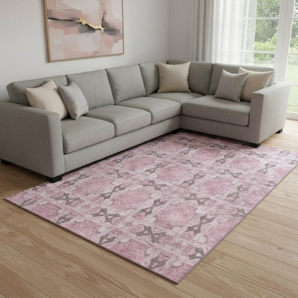 HomeRoots 10' Pink and Gray Floral Medallion Area Rug - Washable, UV-Protected, Durable for Any Space 649516