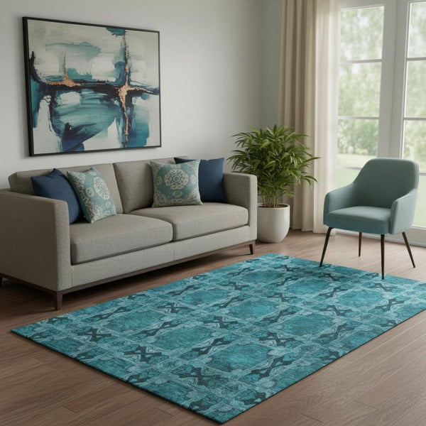 HomeRoots 5' X 8' Washable Teal & Gray Floral Medallion Area Rug with UV Protection for Modern Living Spaces 649518